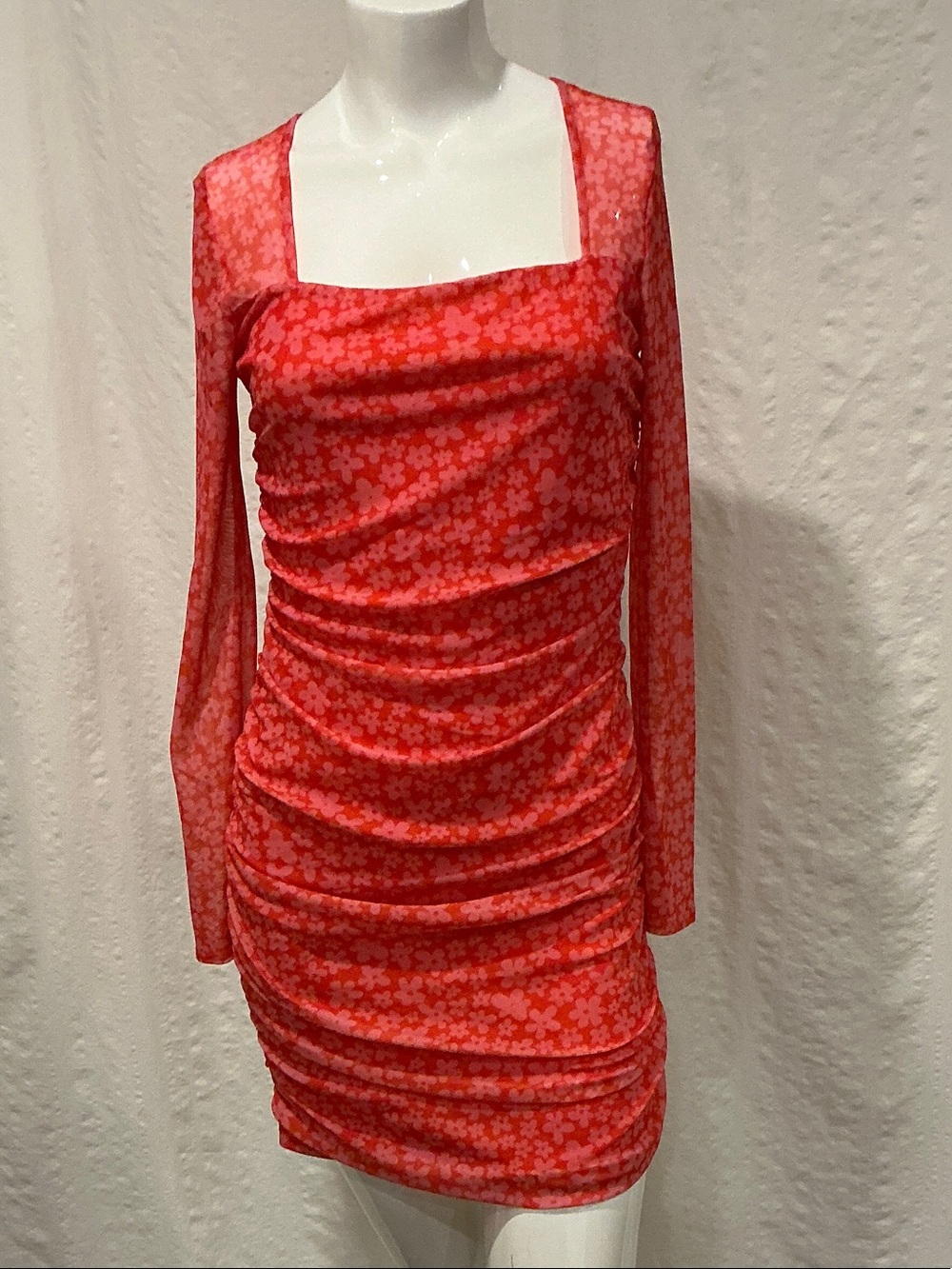 Caution To The Wind Red Floral Square-Neck Ruched Mini